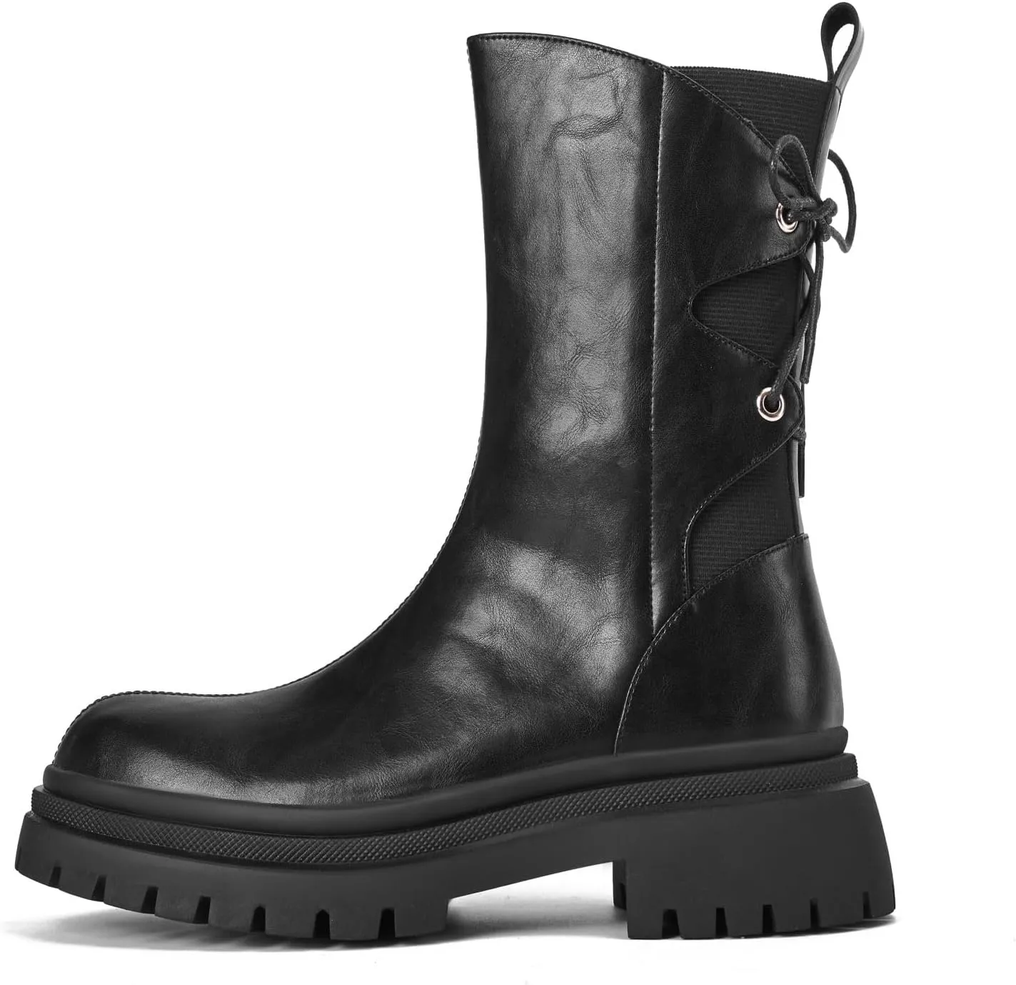 Platform Combat Boots - Mid Calf Lace Up, Low Heel, Chunky Platform, Round Toe, Lug Sole