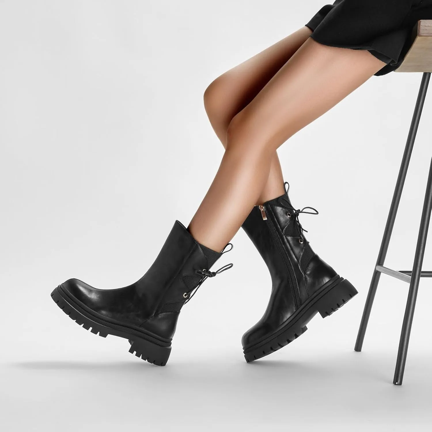 Platform Combat Boots - Mid Calf Lace Up, Low Heel, Chunky Platform, Round Toe, Lug Sole