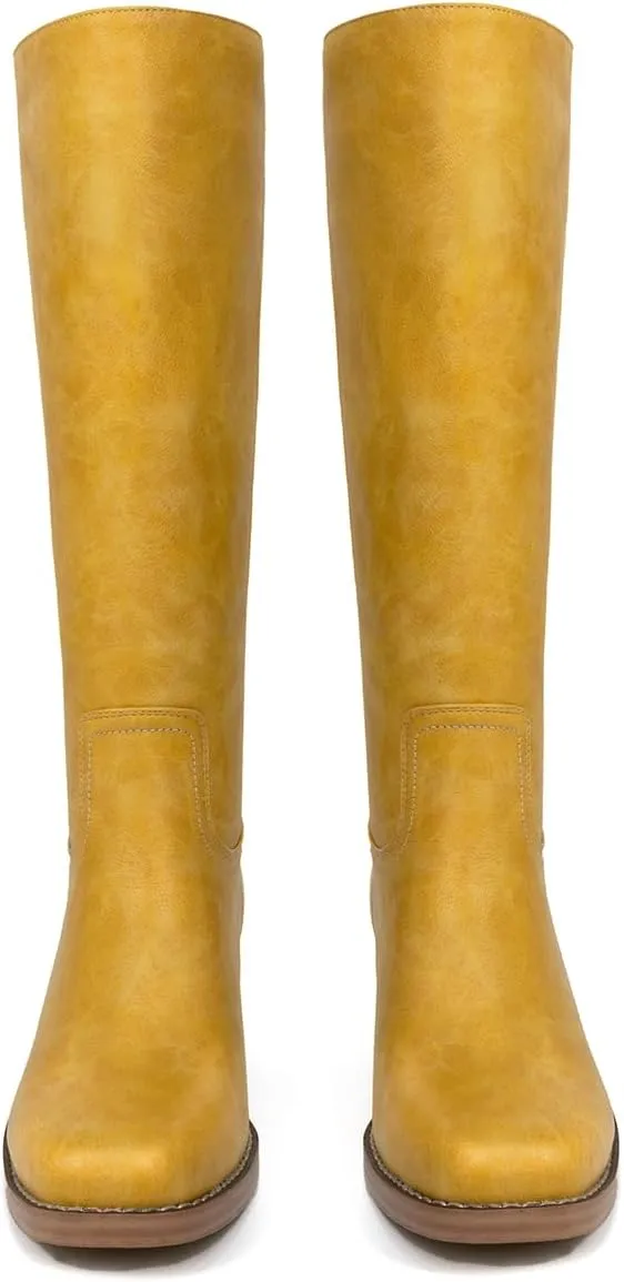 Platform Women's Knee High Square Toe Chunky Block Heel Long Wide Calf Riding Pull On Campus Boots