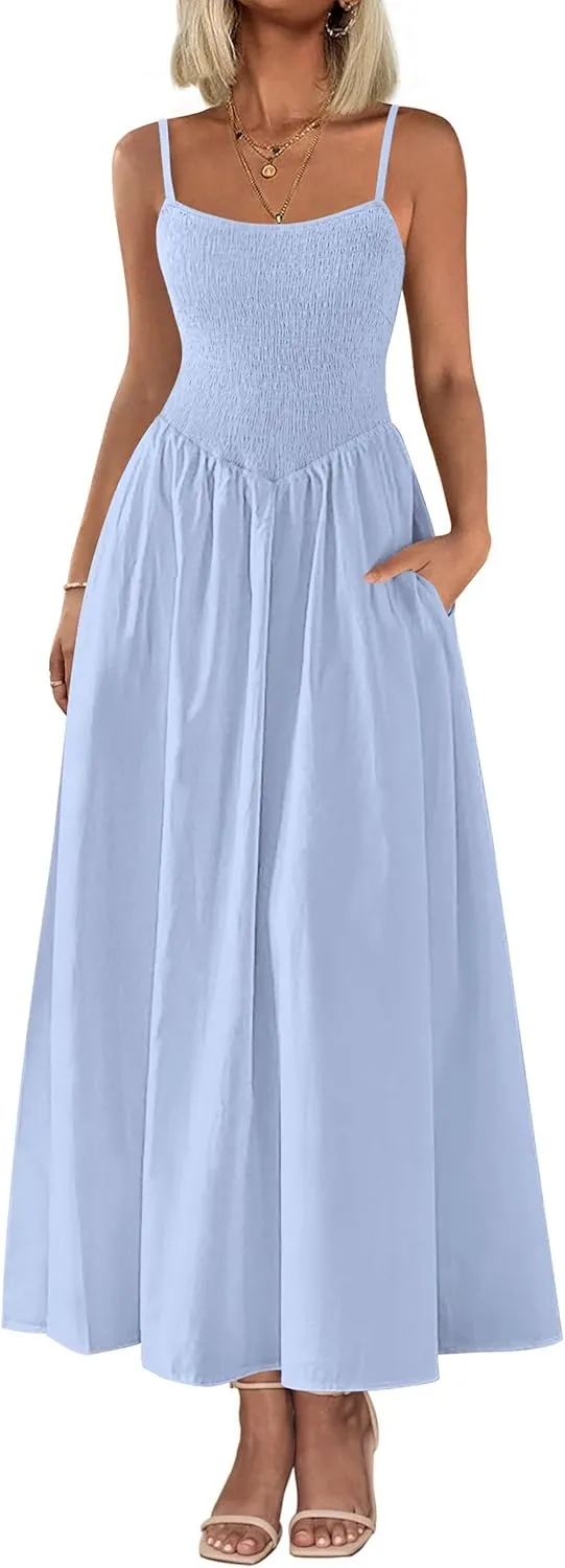 PRETTYGARDEN Women's 2025 Summer Maxi Dresses Beach Sundress Casual Spaghetti Strap Smocked Swing A Line Long Flowy Dress