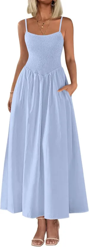 PRETTYGARDEN Women's 2025 Summer Maxi Dresses Beach Sundress Casual Spaghetti Strap Smocked Swing A Line Long Flowy Dress