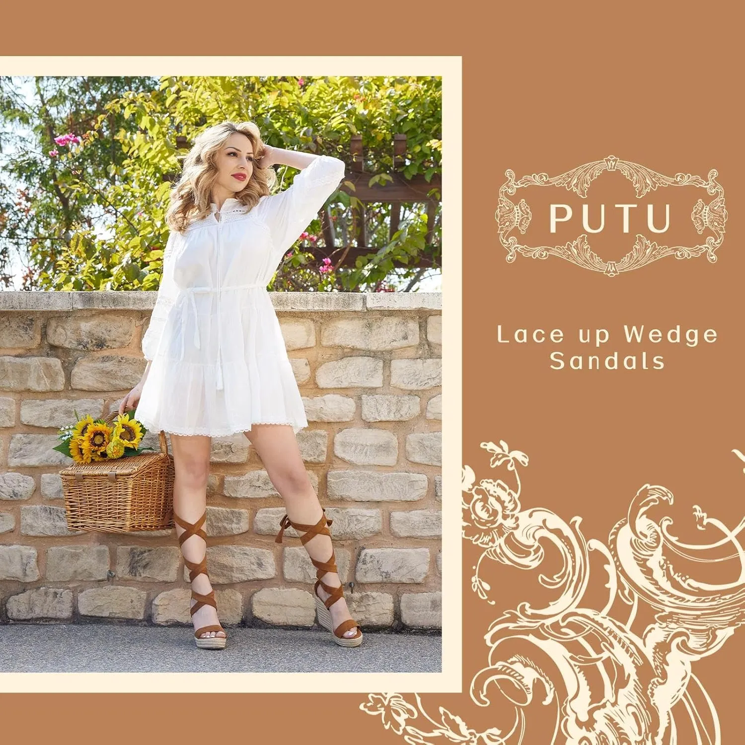 Putu Vacation Wedge Sandals for Women,Espadrilles Platform Beach Sandals,Sexy Tie up Strappy Sandals