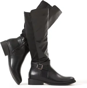 Putu Women's Knee High Riding Boots Flat Heel Tall Boots Round Toe Boots with Buckle Straps