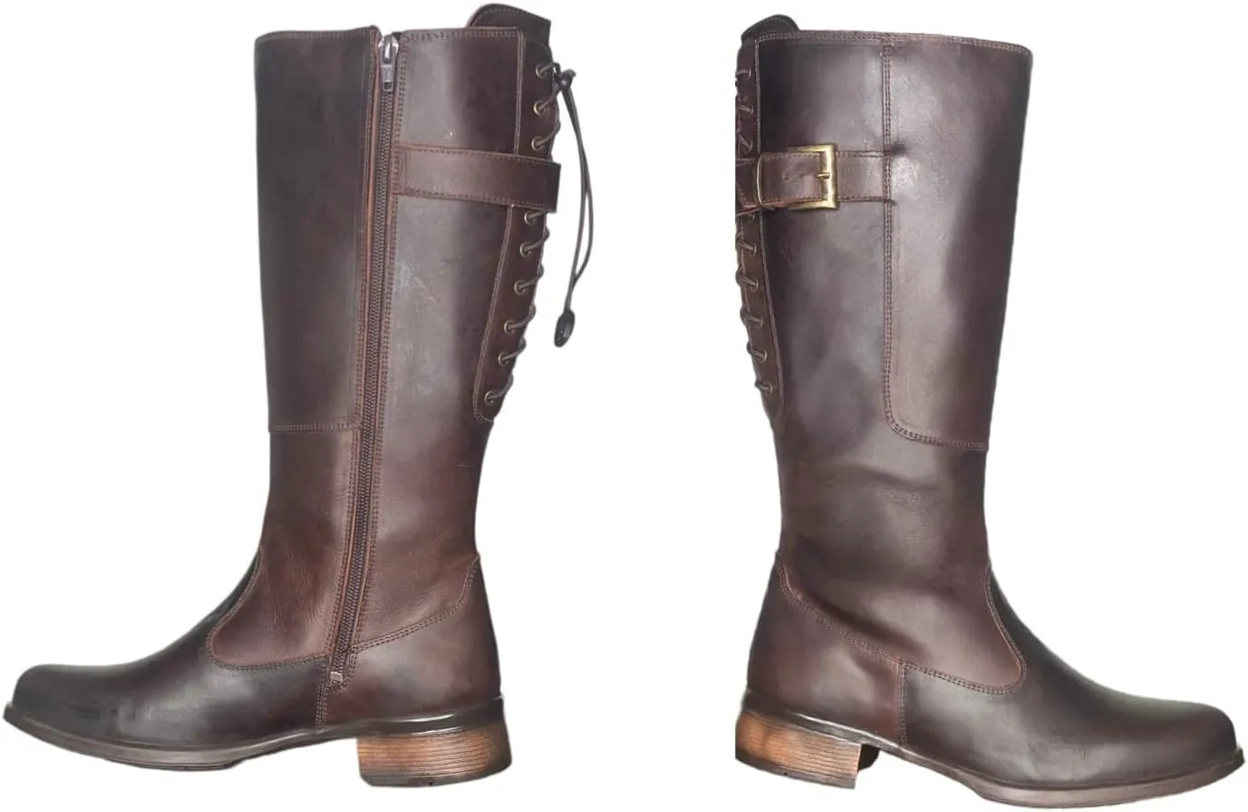 QUEEN USA TEXAS Women's Western Mid-Calf Riding Boots, Fashion Casual Leather Chunky Heel Zipper Booties