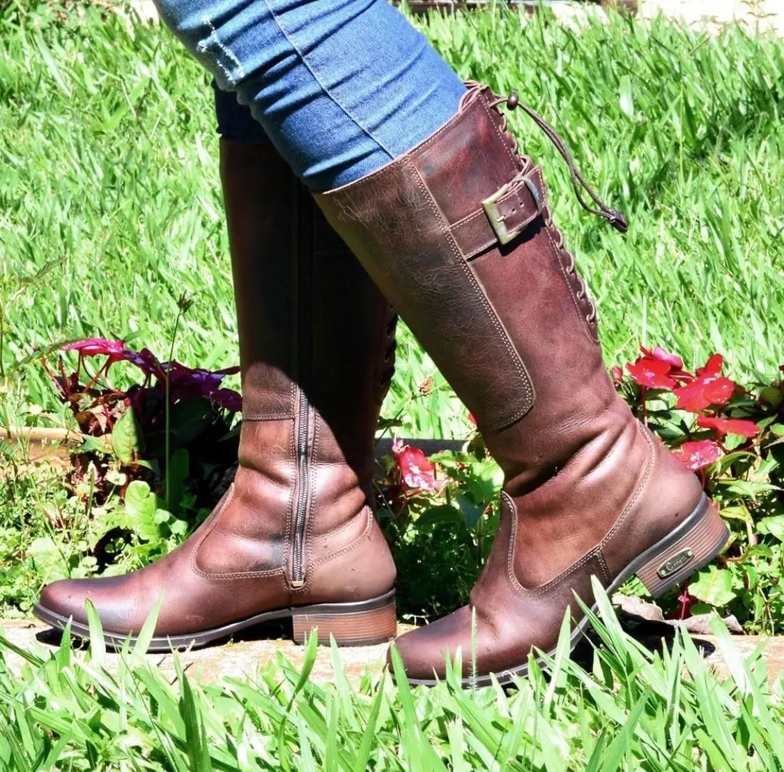 QUEEN USA TEXAS Women's Western Mid-Calf Riding Boots, Fashion Casual Leather Chunky Heel Zipper Booties