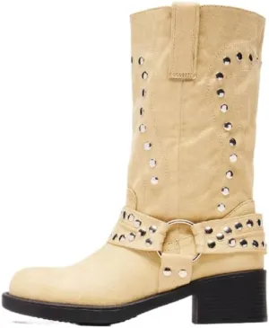 Richealnana Women's Motorcycle Boots Studded Faux Suede Biker Riding Chunky Heel Round Toe Moto Boots