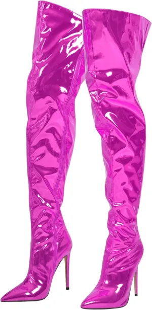 richealnini Metallic Thigh High Boots with Side Zipper Sexy Closed Pointed Toe Stiletto Heels Biker Motorcycle Boots Wedding Party Dress