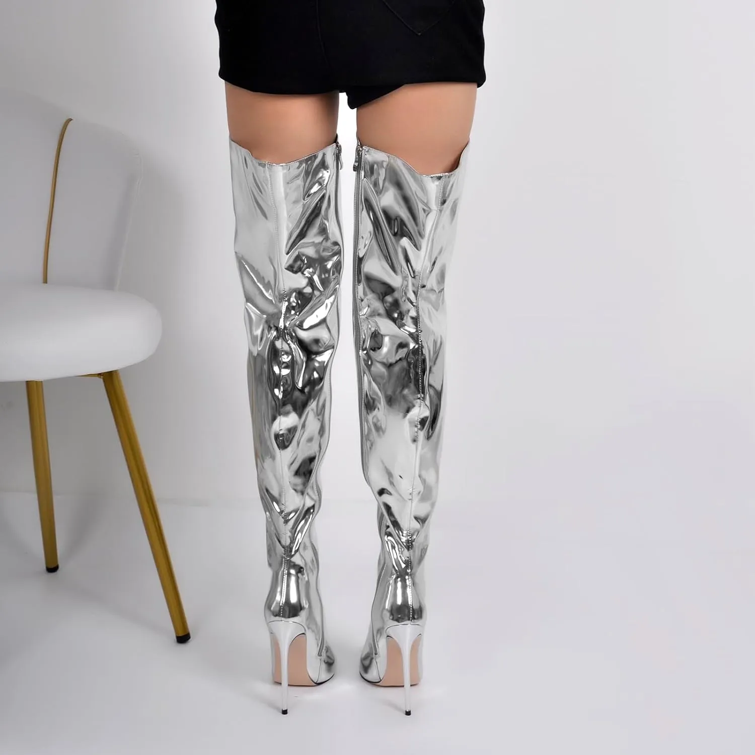 richealnini Metallic Thigh High Boots with Side Zipper Sexy Closed Pointed Toe Stiletto Heels Biker Motorcycle Boots Wedding Party Dress