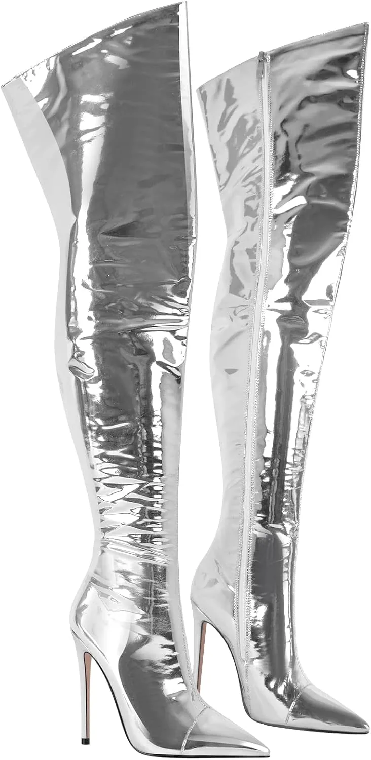 richealnini Metallic Thigh High Boots with Side Zipper Sexy Closed Pointed Toe Stiletto Heels Biker Motorcycle Boots Wedding Party Dress
