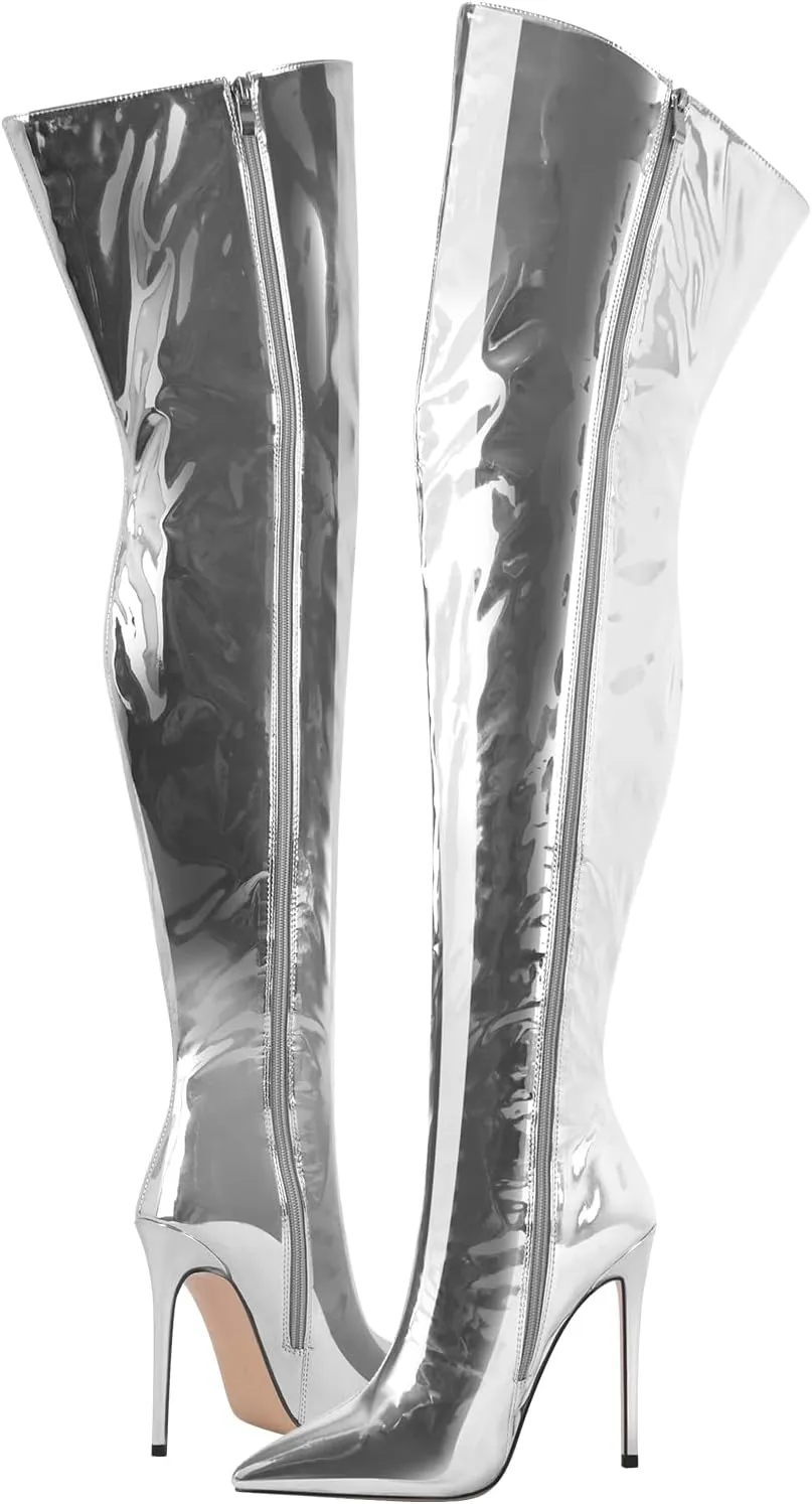 richealnini Metallic Thigh High Boots with Side Zipper Sexy Closed Pointed Toe Stiletto Heels Biker Motorcycle Boots Wedding Party Dress