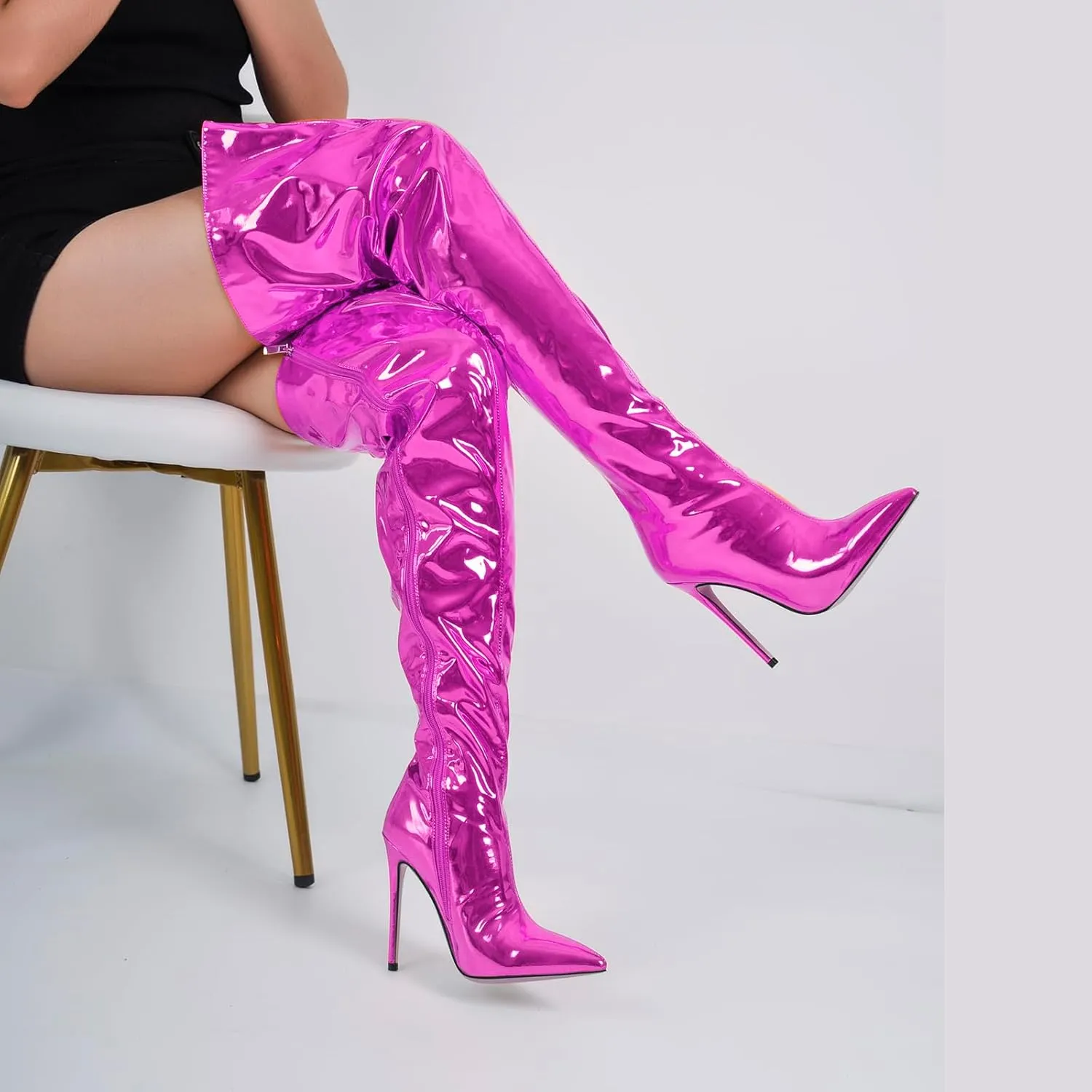 richealnini Metallic Thigh High Boots with Side Zipper Sexy Closed Pointed Toe Stiletto Heels Biker Motorcycle Boots Wedding Party Dress