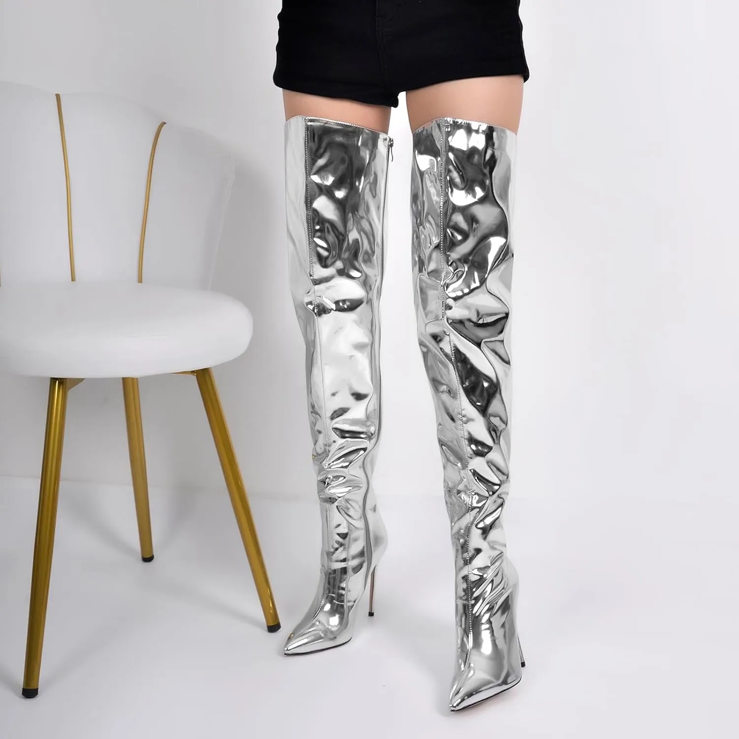 richealnini Metallic Thigh High Boots with Side Zipper Sexy Closed Pointed Toe Stiletto Heels Biker Motorcycle Boots Wedding Party Dress