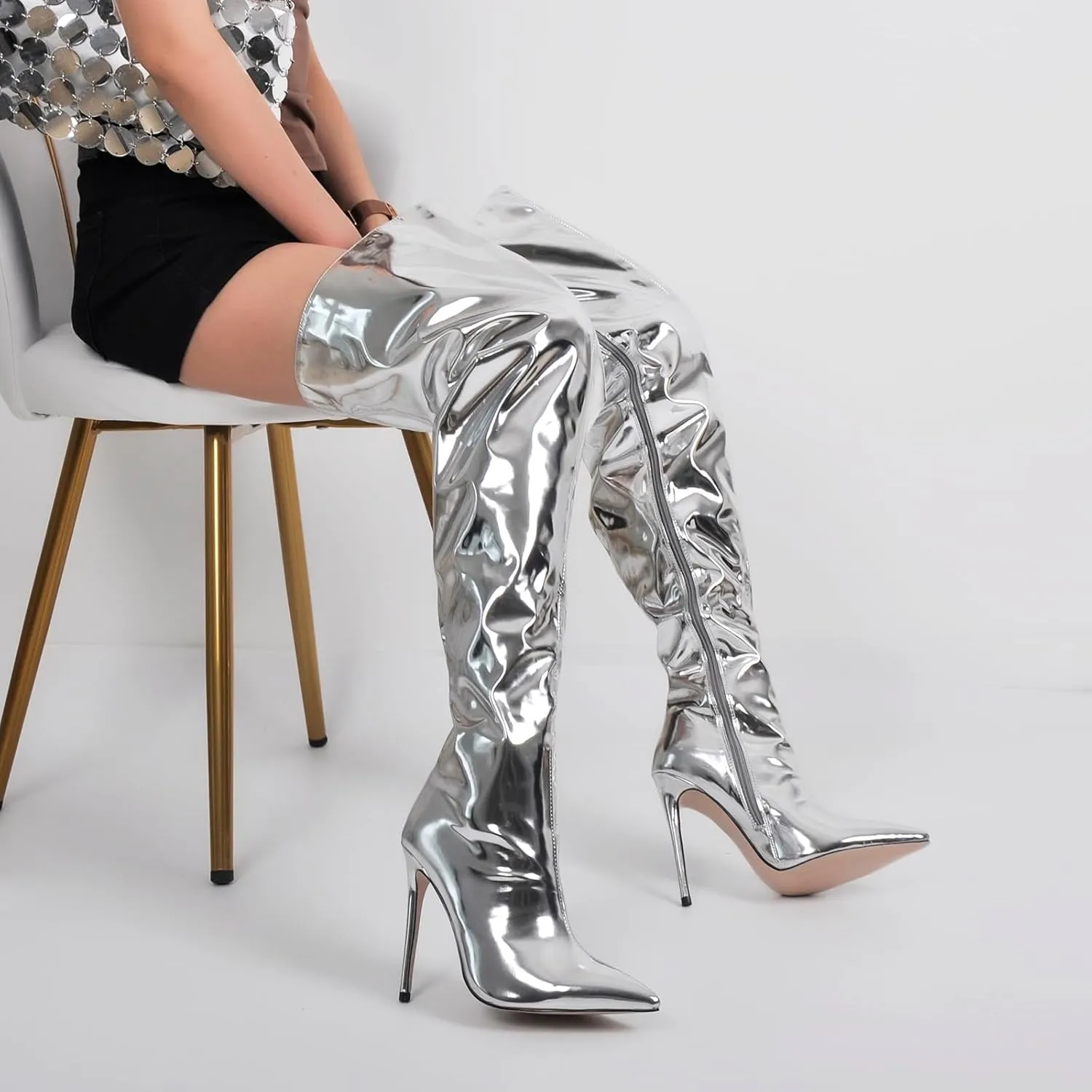 richealnini Metallic Thigh High Boots with Side Zipper Sexy Closed Pointed Toe Stiletto Heels Biker Motorcycle Boots Wedding Party Dress