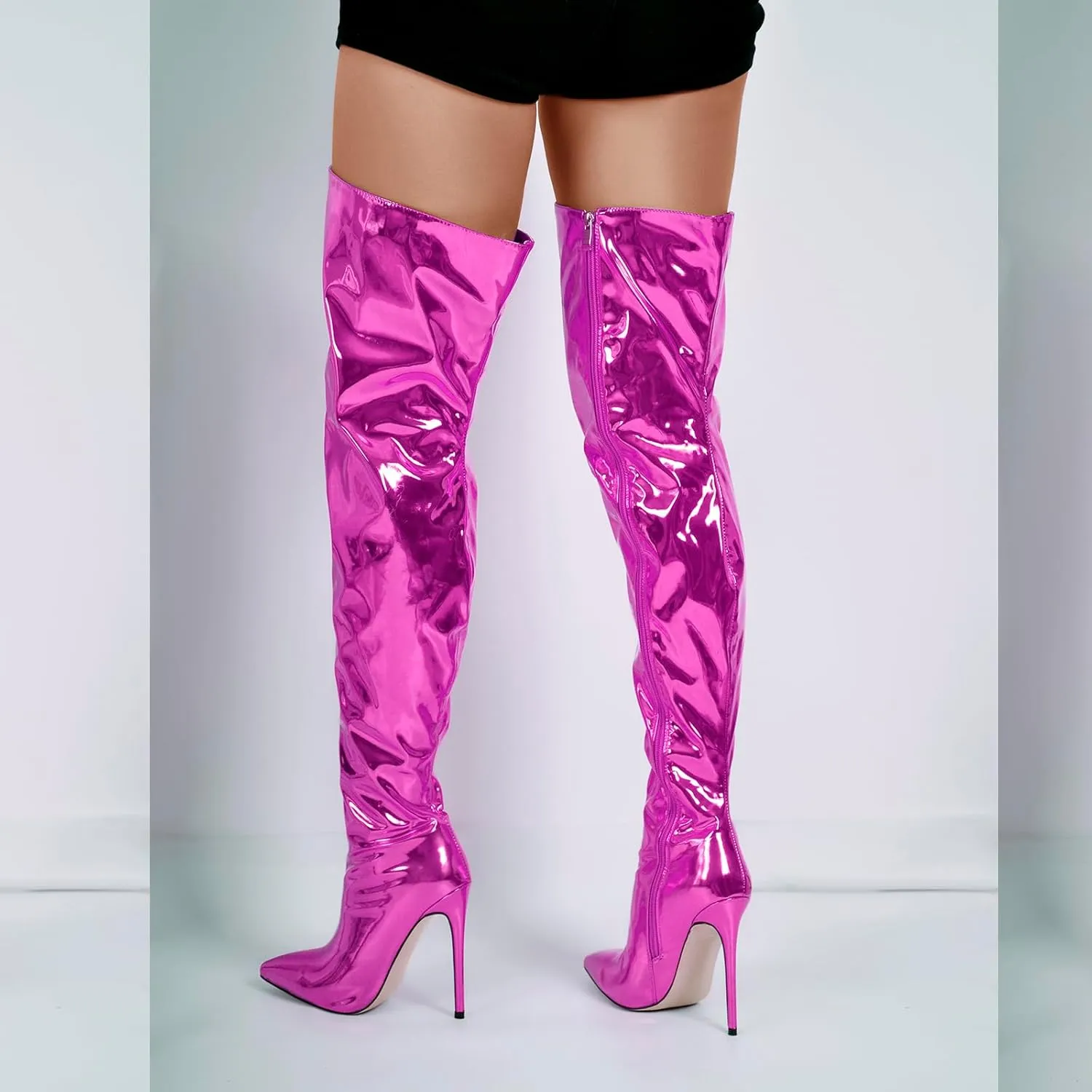 richealnini Metallic Thigh High Boots with Side Zipper Sexy Closed Pointed Toe Stiletto Heels Biker Motorcycle Boots Wedding Party Dress