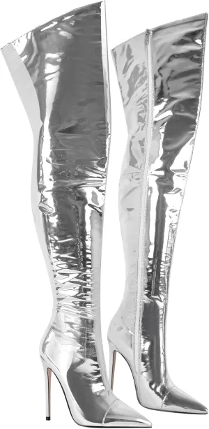 richealnini Metallic Thigh High Boots with Side Zipper Sexy Closed Pointed Toe Stiletto Heels Biker Motorcycle Boots Wedding Party Dress
