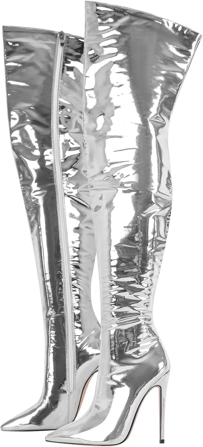 richealnini Metallic Thigh High Boots with Side Zipper Sexy Closed Pointed Toe Stiletto Heels Biker Motorcycle Boots Wedding Party Dress