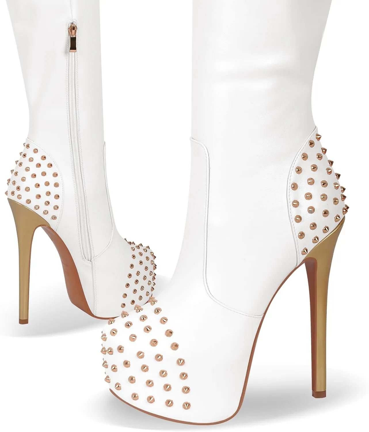 richealnini Platform Heel for Women Stiletto Heel Thigh High Boots with Zippers and Rivets