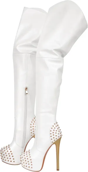 richealnini Platform Heel for Women Stiletto Heel Thigh High Boots with Zippers and Rivets