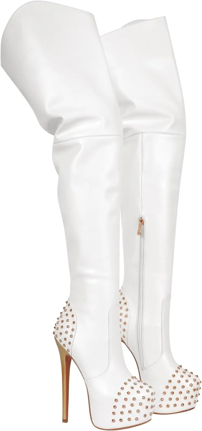 richealnini Platform Heel for Women Stiletto Heel Thigh High Boots with Zippers and Rivets
