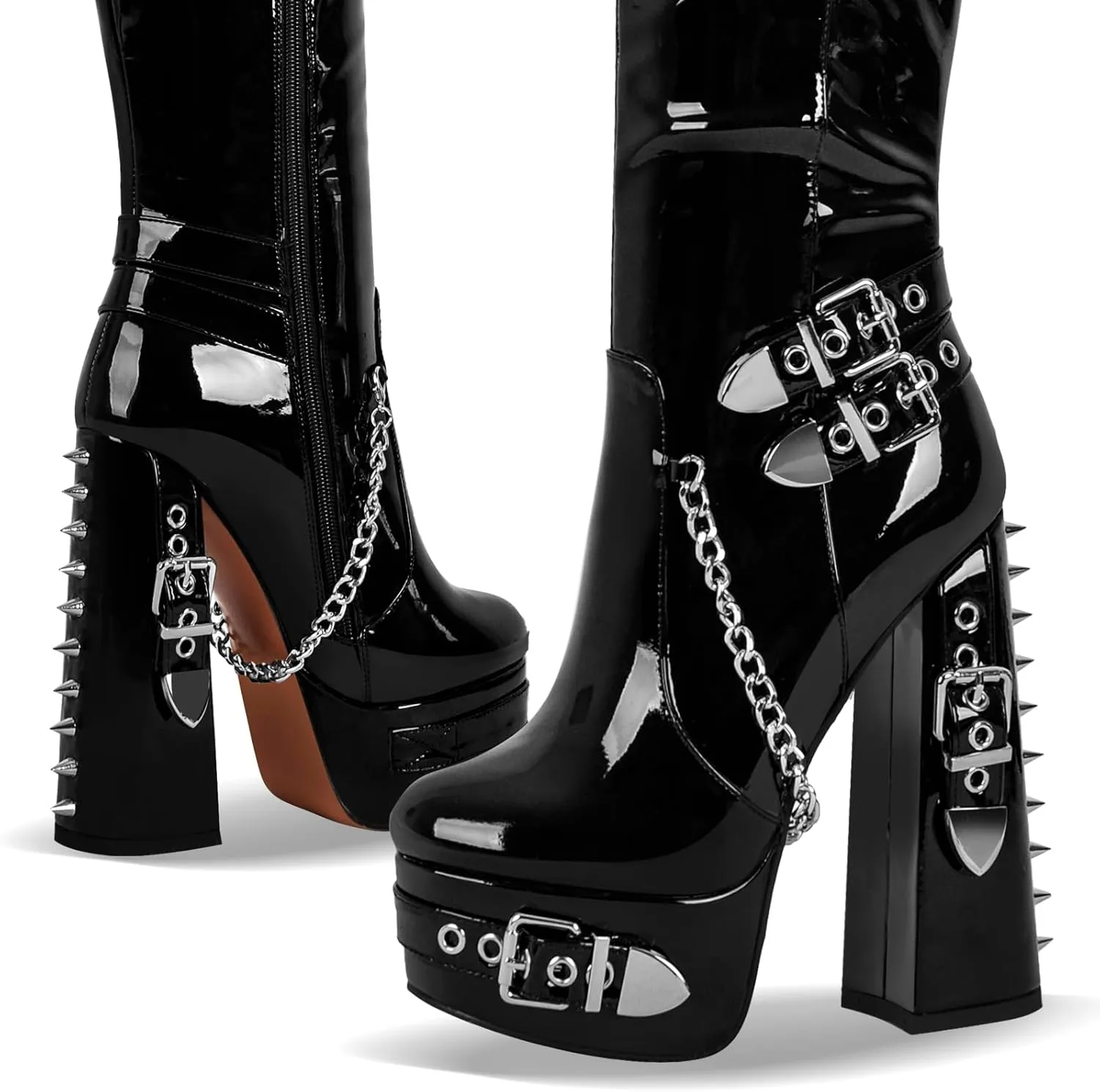 richealnini Platform Heel Thigh High Boots Block Heels Side Zip Up Over the Knee High Boots with Rivets and Chains Decor
