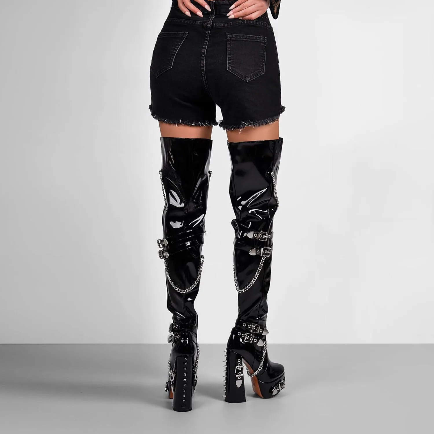 richealnini Platform Heel Thigh High Boots Block Heels Side Zip Up Over the Knee High Boots with Rivets and Chains Decor