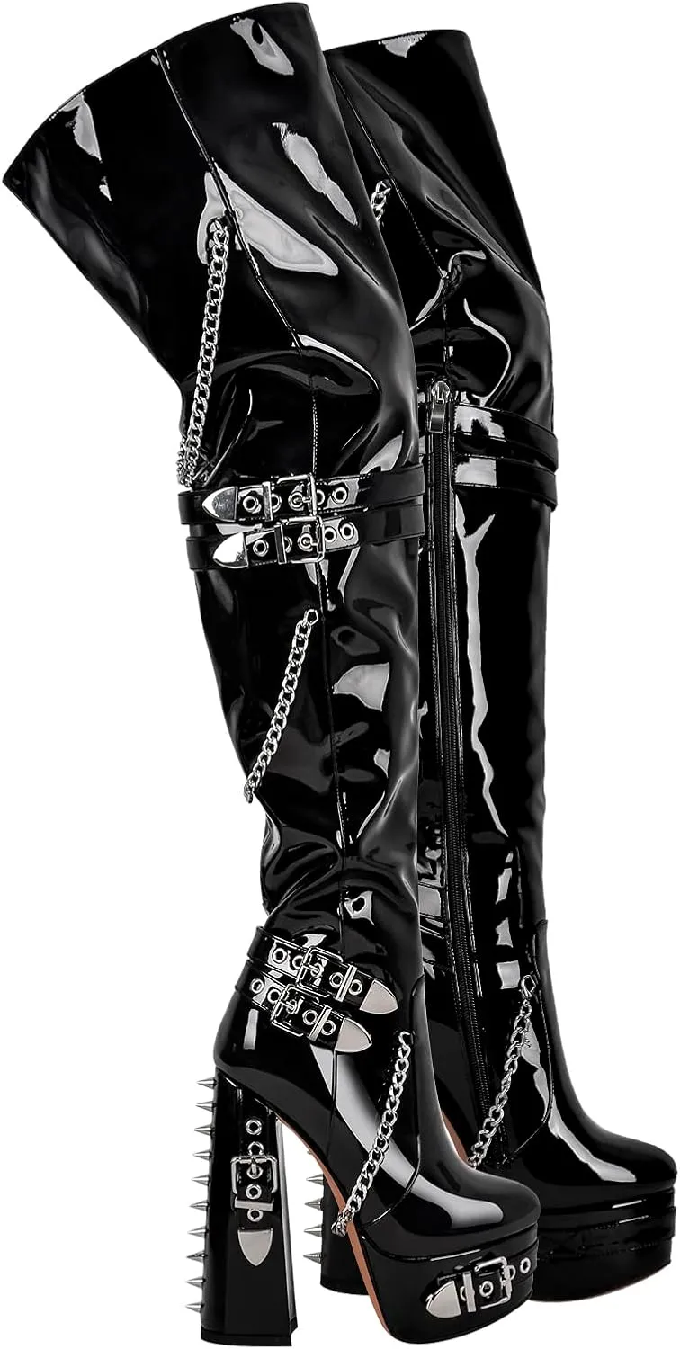 richealnini Platform Heel Thigh High Boots Block Heels Side Zip Up Over the Knee High Boots with Rivets and Chains Decor