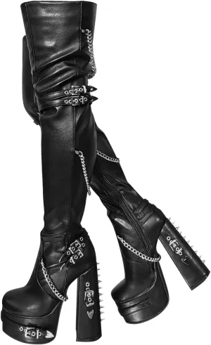 richealnini Platform Heel Thigh High Boots Block Heels Side Zip Up Over the Knee High Boots with Rivets and Chains Decor