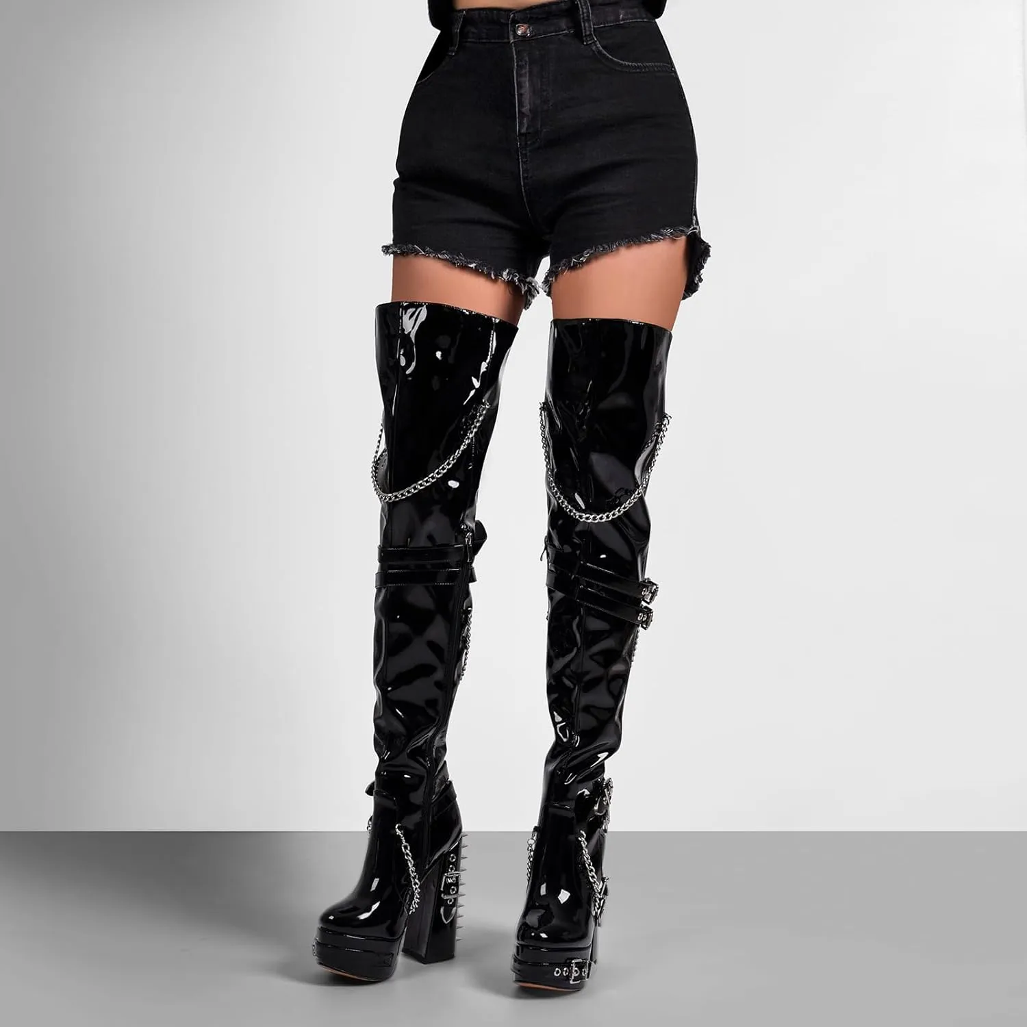 richealnini Platform Heel Thigh High Boots Block Heels Side Zip Up Over the Knee High Boots with Rivets and Chains Decor