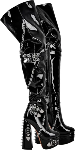 richealnini Platform Heel Thigh High Boots Block Heels Side Zip Up Over the Knee High Boots with Rivets and Chains Decor