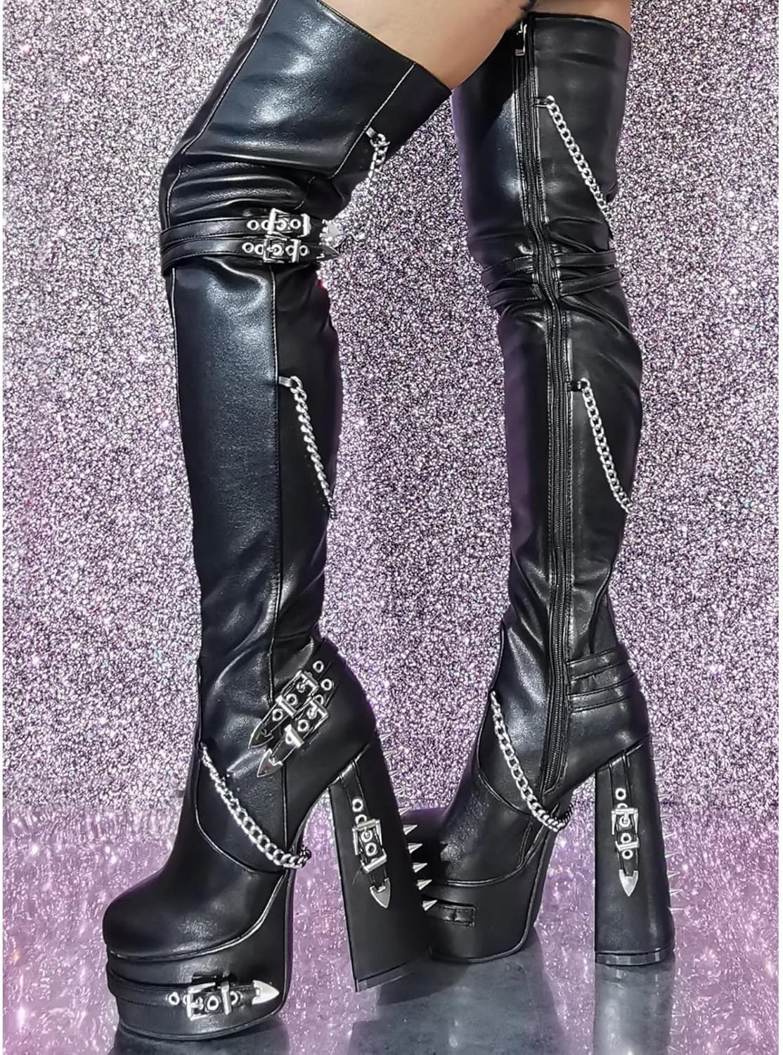 richealnini Platform Heel Thigh High Boots Block Heels Side Zip Up Over the Knee High Boots with Rivets and Chains Decor