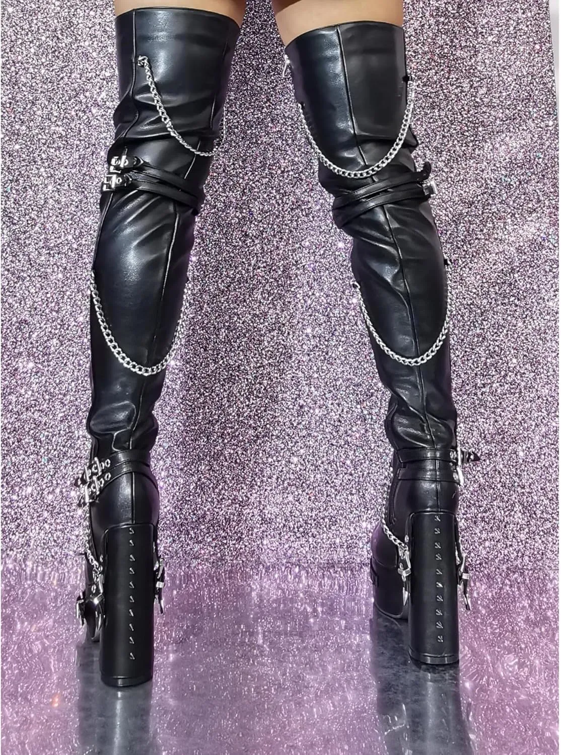 richealnini Platform Heel Thigh High Boots Block Heels Side Zip Up Over the Knee High Boots with Rivets and Chains Decor