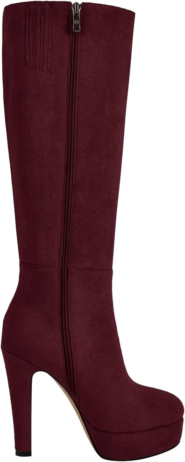 richealnini Platform Knee High Boots for Women Side Zip Up Tall Boots with Block Heel Comfort Long Boots