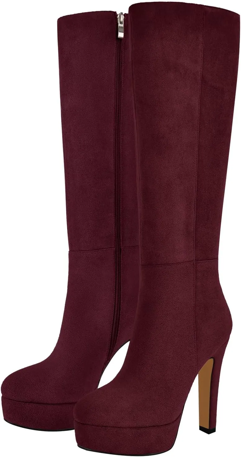 richealnini Platform Knee High Boots for Women Side Zip Up Tall Boots with Block Heel Comfort Long Boots