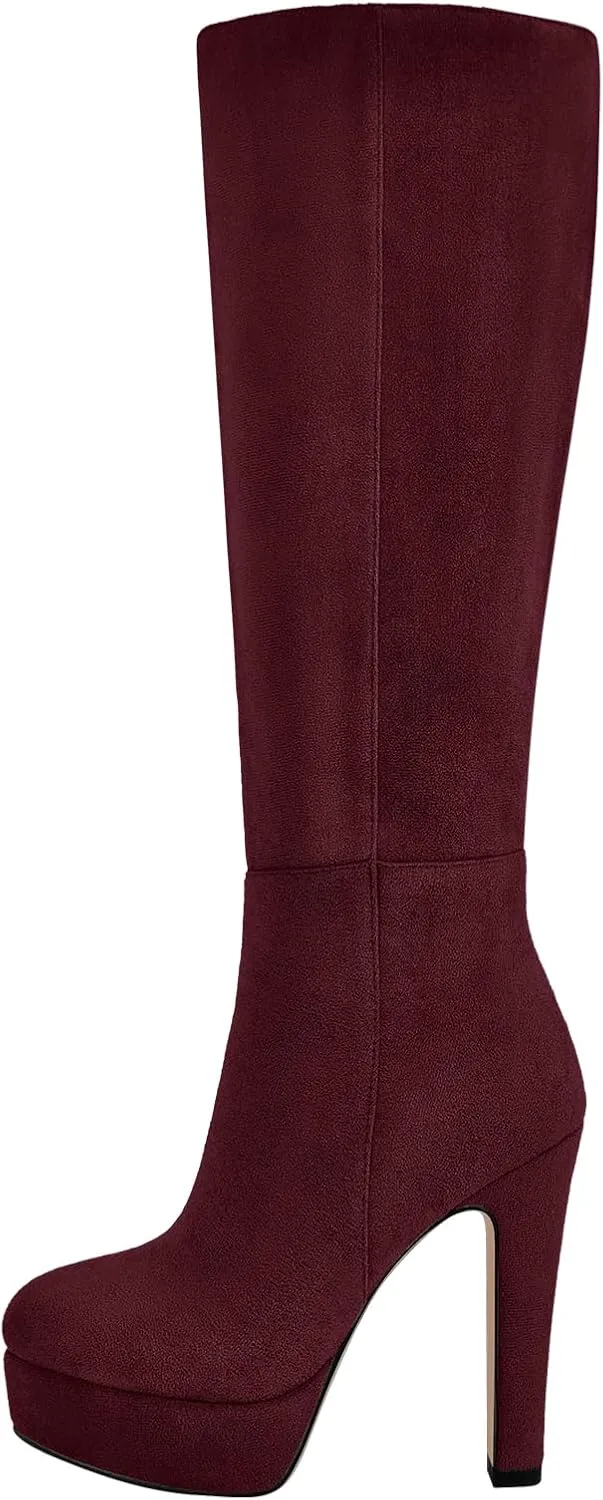 richealnini Platform Knee High Boots for Women Side Zip Up Tall Boots with Block Heel Comfort Long Boots