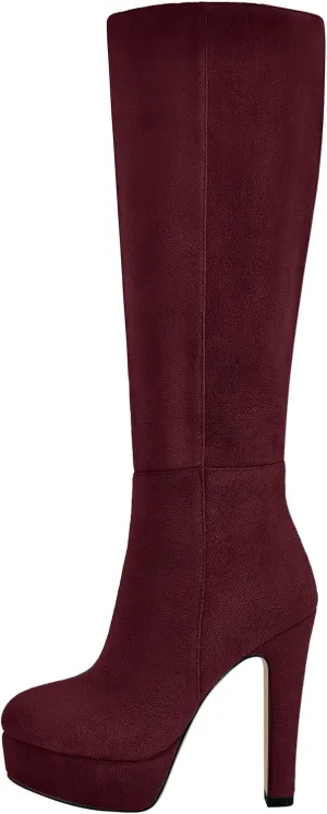 richealnini Platform Knee High Boots for Women Side Zip Up Tall Boots with Block Heel Comfort Long Boots