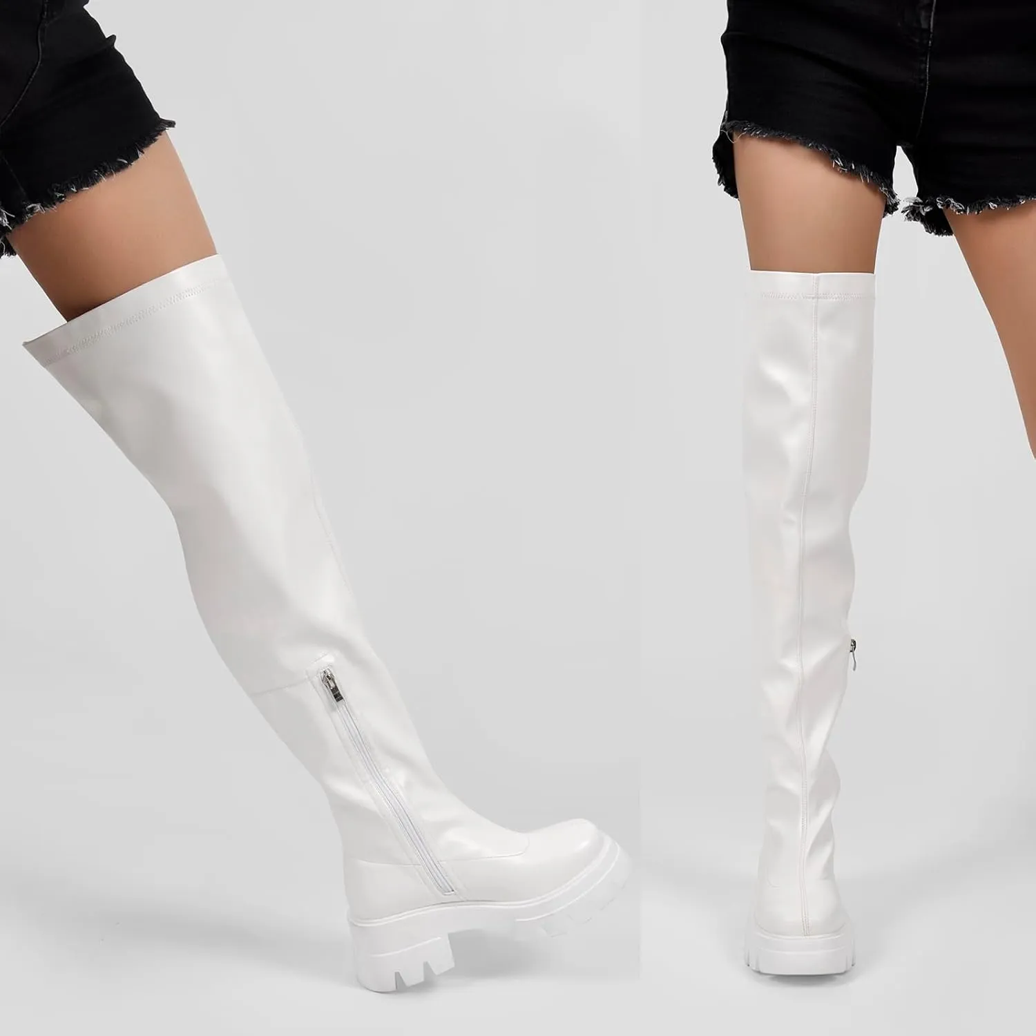 richealnini Women's Flat Platform Thigh High Boots with Zippers Side Zip Up Long Shaft Tall Boots
