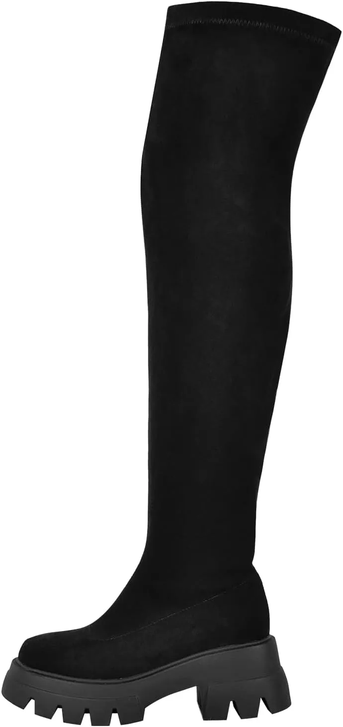 richealnini Women's Flat Platform Thigh High Boots with Zippers Side Zip Up Long Shaft Tall Boots