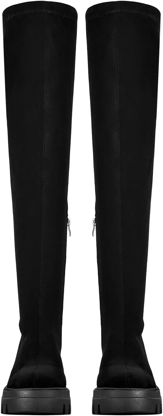 richealnini Women's Flat Platform Thigh High Boots with Zippers Side Zip Up Long Shaft Tall Boots