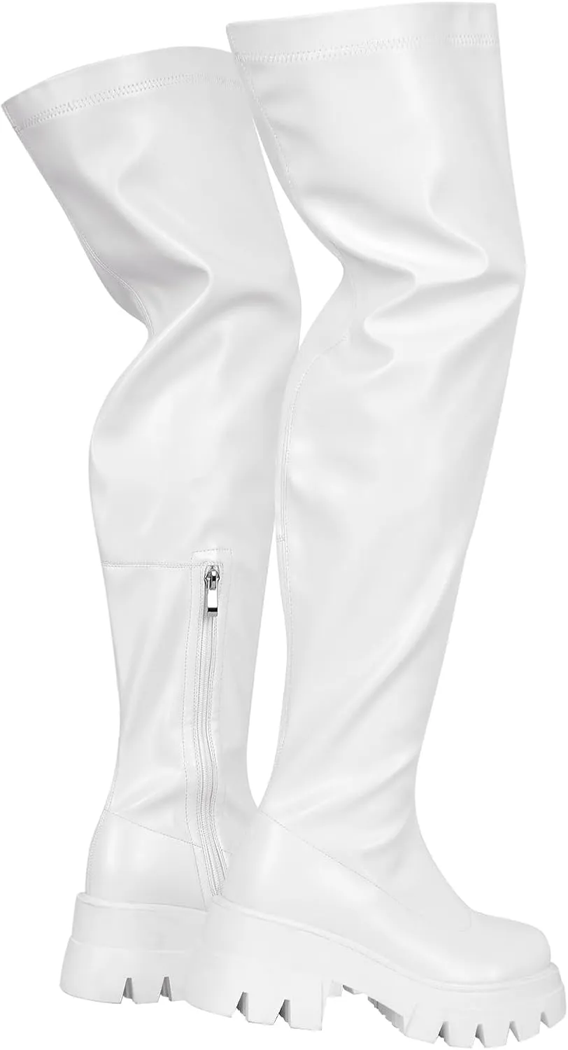 richealnini Women's Flat Platform Thigh High Boots with Zippers Side Zip Up Long Shaft Tall Boots