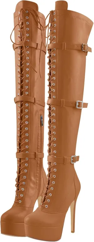 richealnini Women's Platform Lace Up Boots Zipper Dress Long Booties Wedding Dress