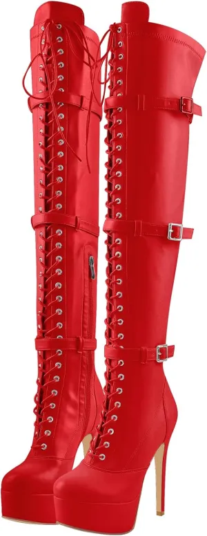 richealnini Women's Platform Lace Up Boots Zipper Dress Long Booties Wedding Dress