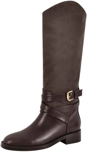 Riding Boots for Women Flat Wide Calf Low Heels Boot Knee High Pointed Toe Buckle Booties