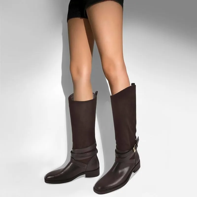 Riding Boots for Women Flat Wide Calf Low Heels Boot Knee High Pointed Toe Buckle Booties