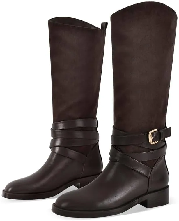Riding Boots for Women Flat Wide Calf Low Heels Boot Knee High Pointed Toe Buckle Booties