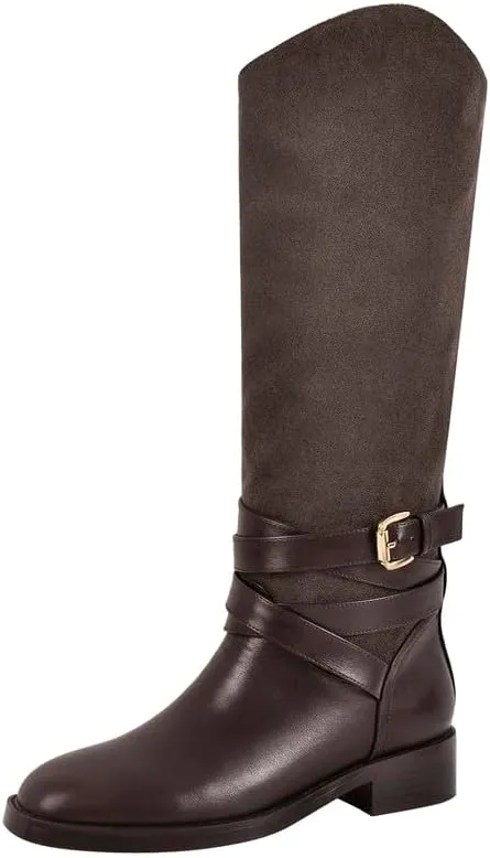 Riding Boots for Women Flat Wide Calf Low Heels Boot Knee High Pointed Toe Buckle Booties