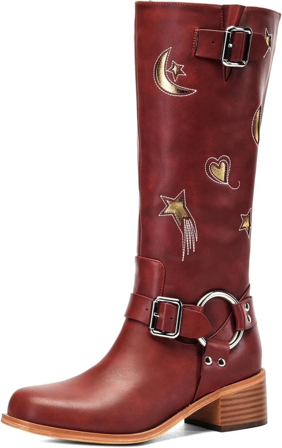 Riding Boots for Women Knee High with Buckle Stars Moon Heart Patterns Low Heel
