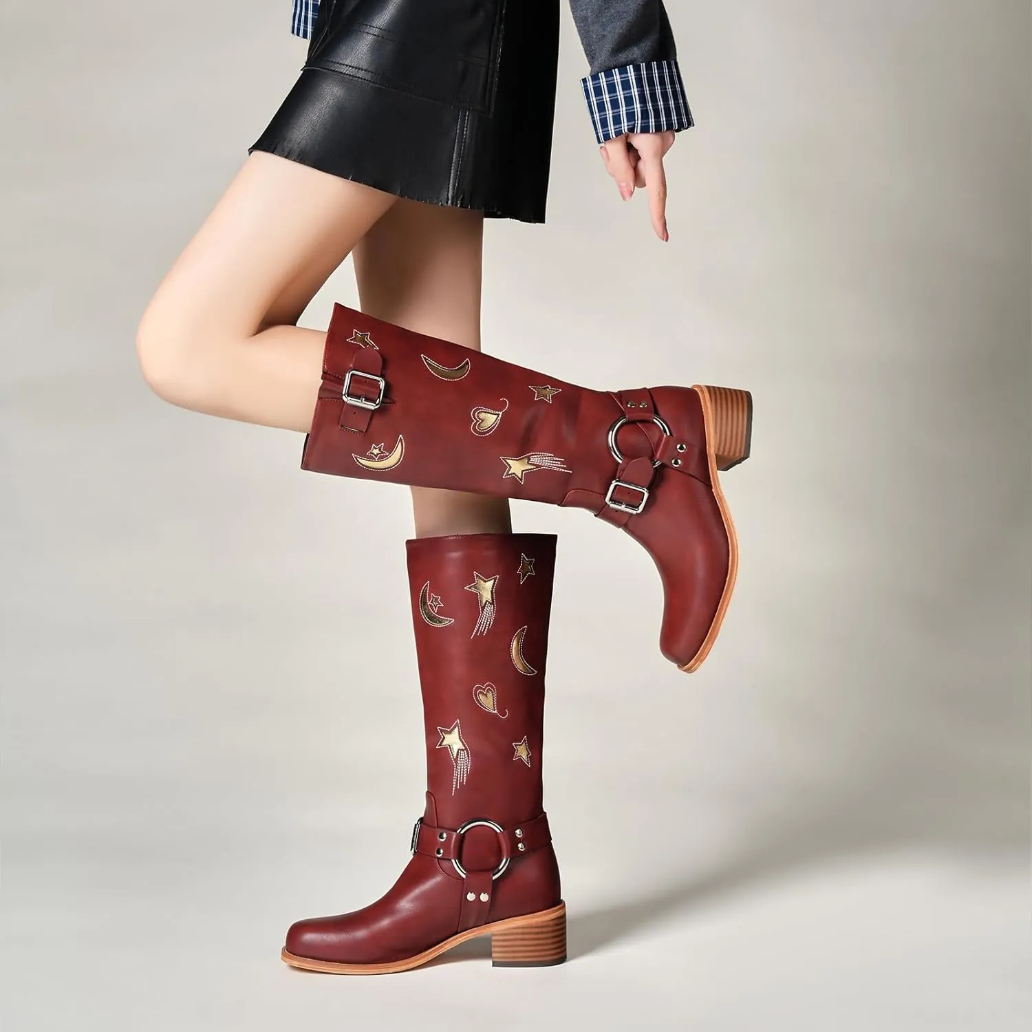 Riding Boots for Women Knee High with Buckle Stars Moon Heart Patterns Low Heel