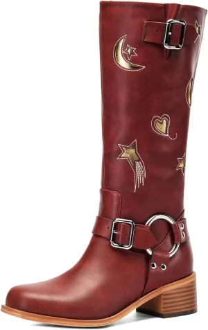 Riding Boots for Women Knee High with Buckle Stars Moon Heart Patterns Low Heel