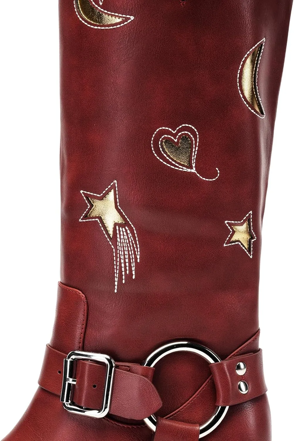 Riding Boots for Women Knee High with Buckle Stars Moon Heart Patterns Low Heel