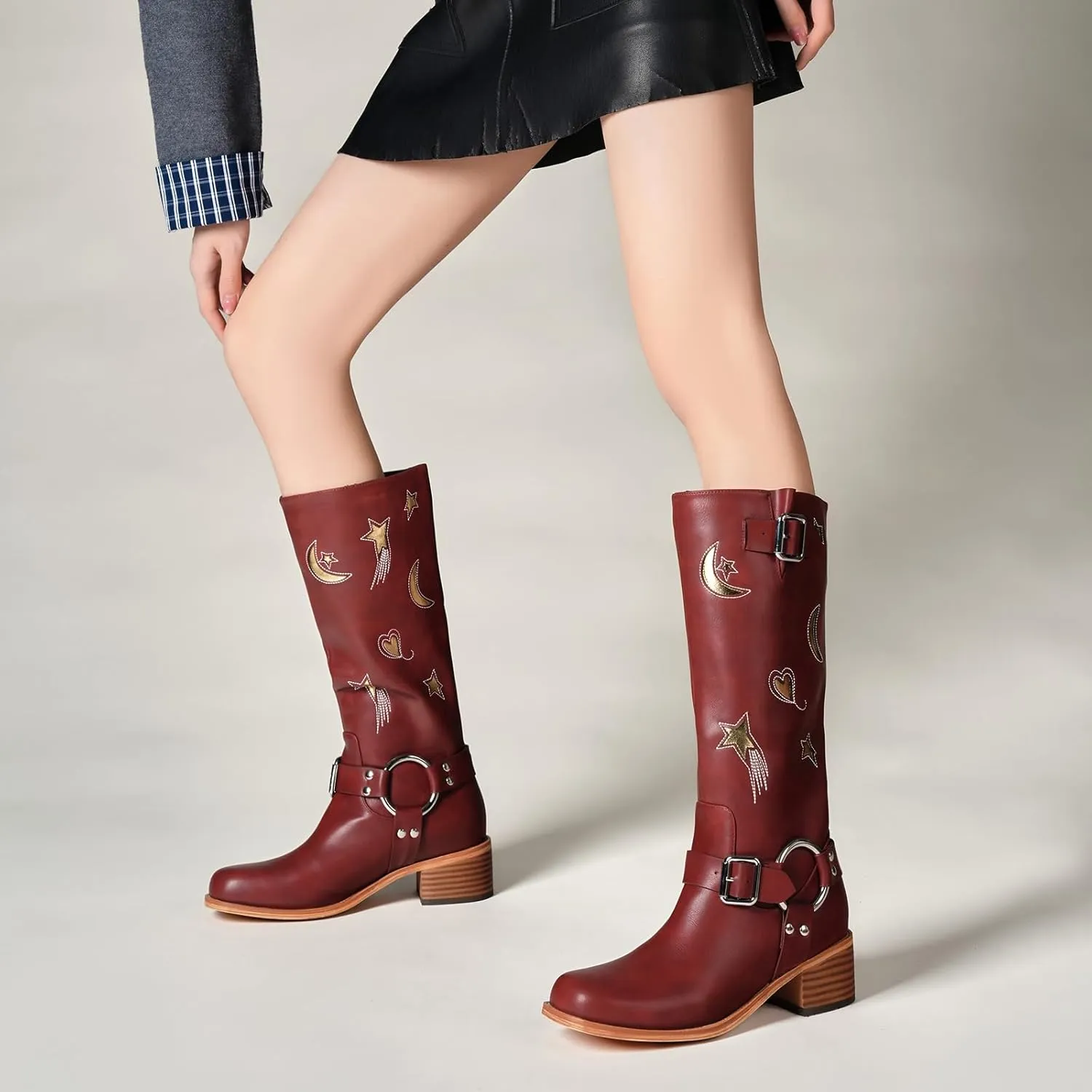 Riding Boots for Women Knee High with Buckle Stars Moon Heart Patterns Low Heel
